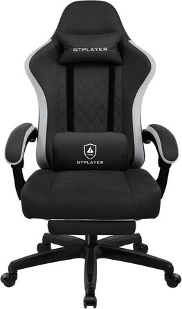 Ігровий крісло LUCKRACER з тканини, комп'ютерне офісне крісло з підніжкою, рейсингове крісло геймера, 150 кг, регулювання спинки 90-135°, ергономічне, 360° обертання, чорний