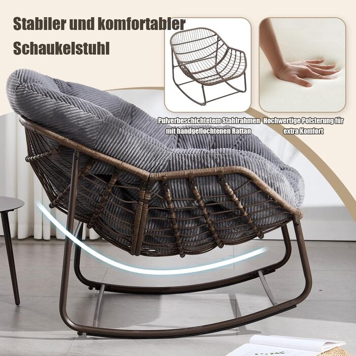 Крісло-гойдалка LIFEISLE з ротангу, для вітальні, балкону, саду, внутрішнє та зовнішнє використання, крісло-яйце, Cord White (тканина Cord, сірий)
