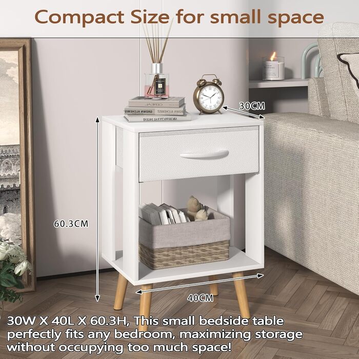 Набір з 2 приліжних тумбочок, 40x30x60.3 см. Тумбочки з шухлядою для спальні, дитячої кімнати. Білий колір.