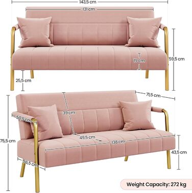 Yaheetech Рожеве крісло-софа з підлокітниками та металевими ніжками. Сучасне двомісне крісло-софа з 2 подушками для попереку. Для вітальні/спальні (143,5 см)