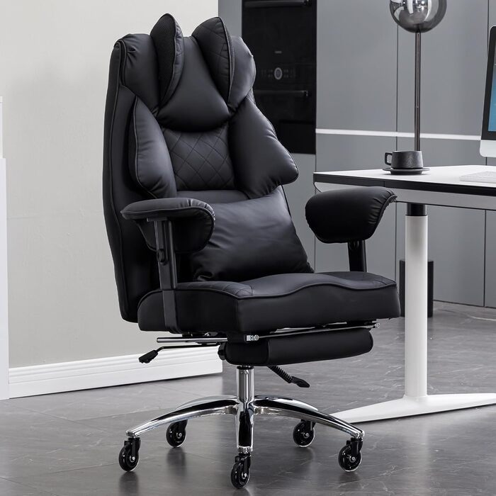 Офісний крісло Asukale Ergonomic 200kg з підніжкою, поперековою подушкою та широким сидінням, регульоване по висоті, імітація замші (чорний)