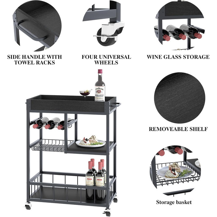Сервізний візок Huhote з полицею для вина, барний візок, візок для напоїв, візок на колесах, візок для вина в їдальню, кухню, вітальню, бар, вечірку, з імітацією дерева (чорний, металевий кошик)