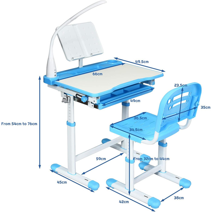 Дитячий письмовий стіл DREAMADE з регулюванням висоти з лампою, підставкою для книг, стільцем і шухлядою (синій)