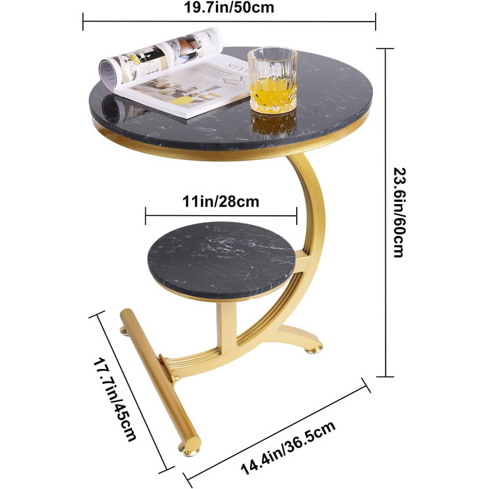 Мармуровий журнальний столик C-подібної форми, 60 см круглий, сучасний, Відкритий/балконний, Металевий, Золотий/Чорний