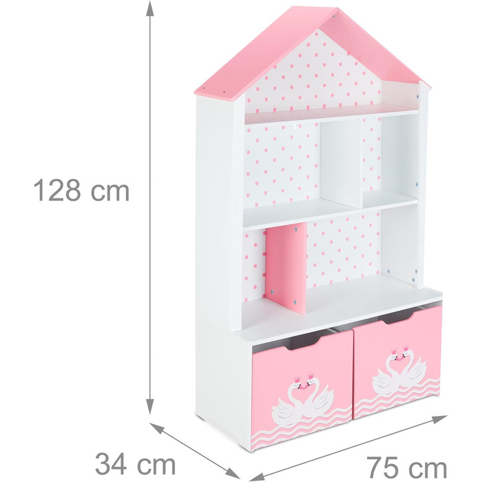 Дитяча полиця Relaxdays, лебідь, 5 відділень, 2 рулонні коробки, HWD 128x75x34 см, форма будиночка, місце для зберігання іграшок, білий/рожевий