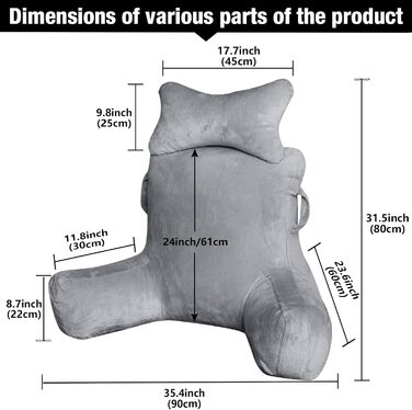 Лежанка для читання в ліжко для дорослих Suewidfay, 90x80 см, велика спинка з підголовником та підлокітником, комфортна подушка для читання в ліжко, диван або на підлогу