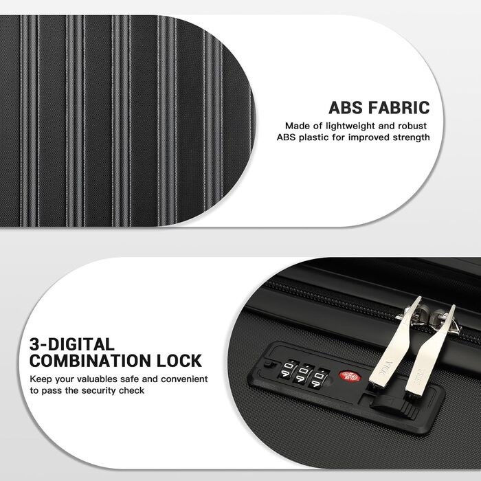 Чохол-валіза KONO, 55 см, 20 дюймів, ручна поклажа, ABS, чорний