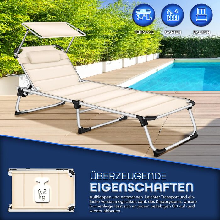 Сонячне ліжко Tillvex® з дахом та подушкою для голови | Садова лежанка, розкладний шезлонг | Пляжний лежак з регульованою спинкою | Алюмінієве ліжко (ліжко з преміум-подушкою, бежеве)