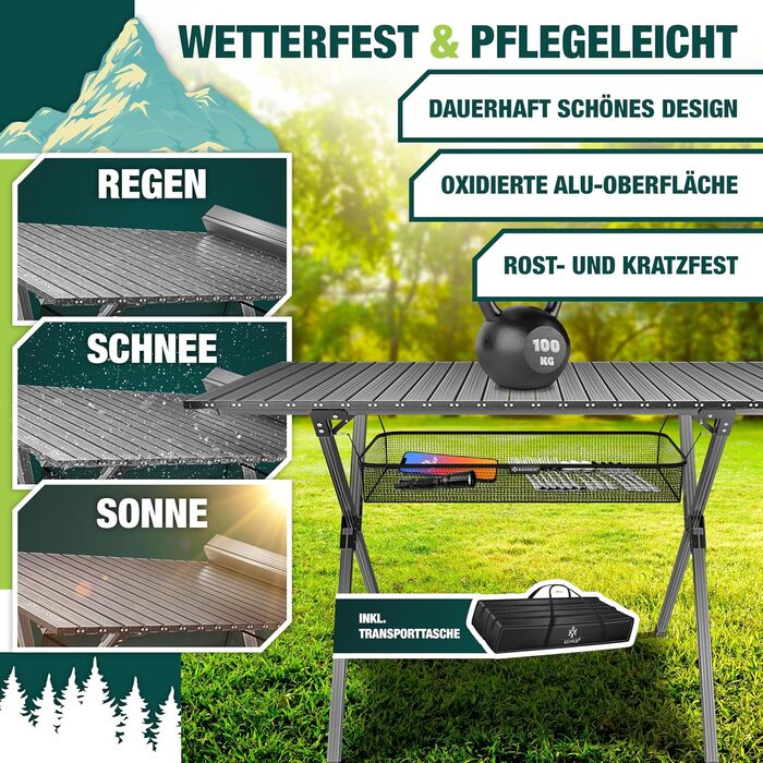 Складаний столик KESSER® для кемпінгу з алюмінієвим каркасом, регульована висота 90x53 см, до 100 кг, з сумкою та сітчастою кишенею (145x70 см, антрацит)