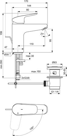 Змішувач настінний однолеверний Ideal Standard Ceraflex, витяжка 160 мм, регульовані S-з'єднання, водозберігаюча картридж CLICK, хром, висота виливу 95 мм