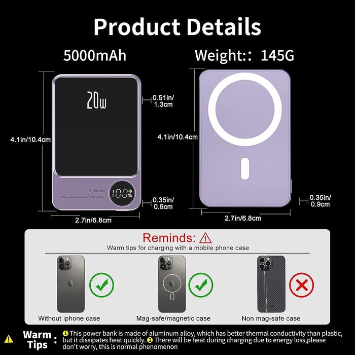 Магнітний бездротовий павербанк LUCKYDUO 5000mAh 15 Вт ультратонкий, швидка зарядка, iPhone/Galaxy (фіолетовий)