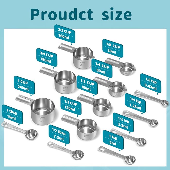 Набір мірних чашок і ложок Minteem Nesting, нержавіюча сталь, ідеально підходить для приготування та випічки, 13 упаковок
