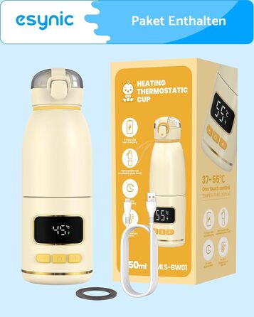 eSynic Підігрівач для пляшечок 450 мл з акумулятором 15000mAh, нержавіюча сталь 316, швидкий нагрів за 2-3 хв, для грудного молока та води, USB-C, BPA-free, для подорожей та нічного годування