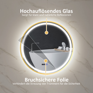 Дзеркало для ванної кімнати з підсвіткою LED, з функцією запобігання запотіванню, сенсорним керуванням та дисплеєм.