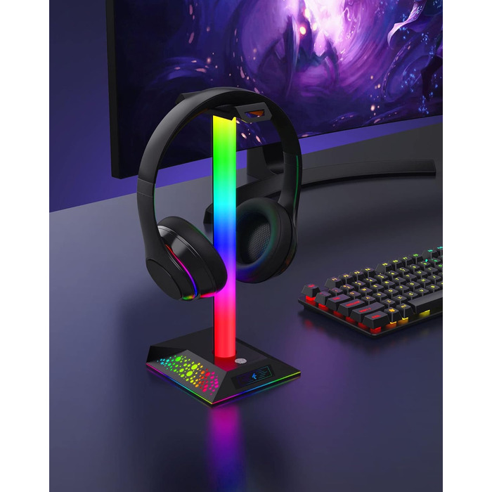 Кронштейн для гарнітури HCMAN RGB з 2 USB, світлодіодна підставка для навушників для ПК-геймера, чорний