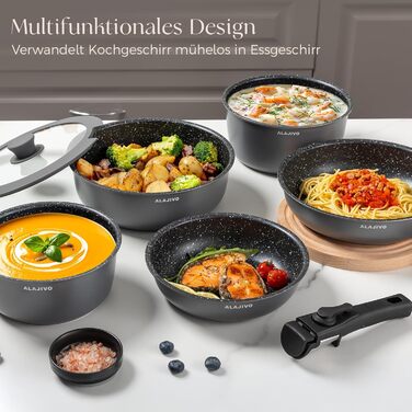 Набір посуду 17 частин з знімним ручками, антипригарне покриття, для всіх типів плит, включаючи індукційні, сумісний з духовкою (сірий)