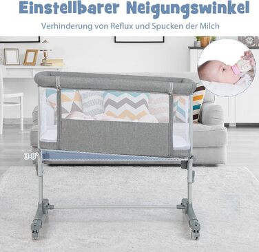 DREAMADE Beistellліжко 2-в-1 з регулюванням висоти, 5-рівнів, для новонароджених, з матрацом та колесами, 86 x 63 см, нахил 10°, сірий колір