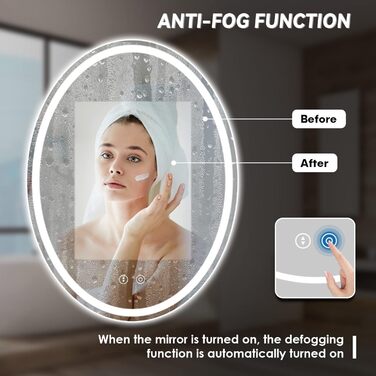 Дзеркало для ванної кімнати Dripex з підсвічуванням LED, сенсорне керування, регулювання яскравості, 3 кольори світла, антизапарник, овальне, 50 x 70 см