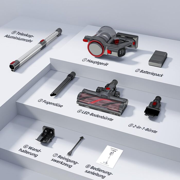Акумуляторний пилосос бездротовий 45000 Па з сенсорним екраном, 50 хв роботи, контейнер 1.6 л, фільтр H13 HEPA, анти-заплутуюча щітка для підлоги/килимів/шерсті тварин (Червоний)