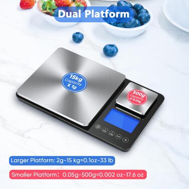 Кухонні ваги Dr. Cowu з подвійною платформою, 15 кг/1 г та 500 г/0.01 г, цифрові, з тарою, підрахунком, автовимкненням, для кухні, ювелірних виробів, випічки та приготування їжі