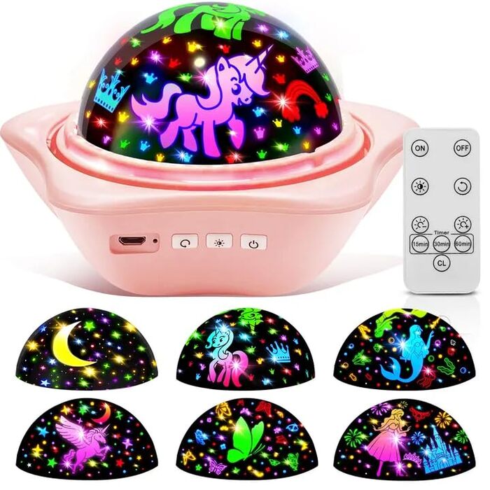 Проєктор зоряного неба One Fire Sternenhimmel для дітей: 96 режимів + 6 фільмів, нічник, обертання 360°, рожевий, з пультом ДУ, подарунок для дівчаток 1-9 років