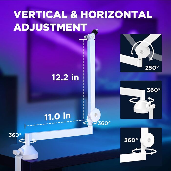 Стійка для мікрофона InnoGear низькопрофільна, поворотна на 360°, сумісна з Fifine, Blue Yeti, HyperX, AT2020 - біла