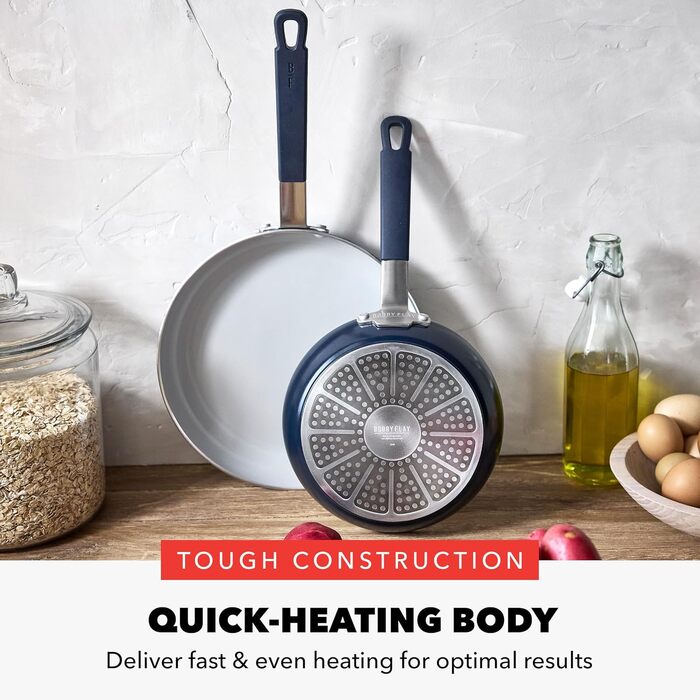 Набір сковорідок GreenPan x Bobby Flay, 20.3 см та 25.4 см, з антипригарним покриттям, без PFAS, діамантова кераміка, для індукційних плит, з силіконовою ручкою, легко миються, придатні для миття в посудомийній машині, блакитний Оксфорд
