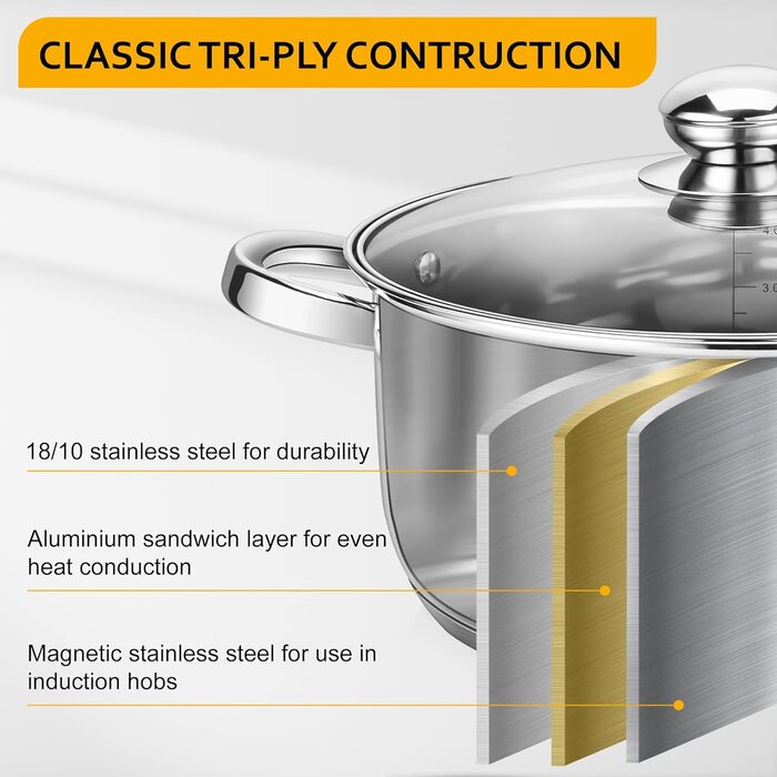Набір каструль Velaze 7-ка з нержавіючої сталі, з кришками, індукційні, PFOA free, для всіх плит, сріблясті