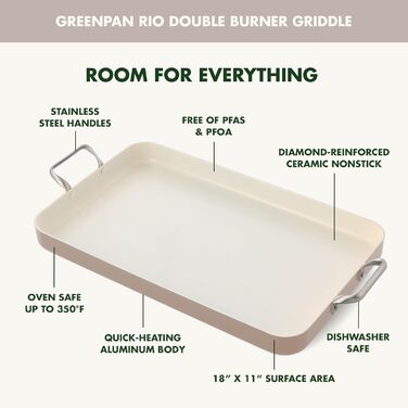 GreenPan Grillpfanne з подвійним дном, 45.7 x 27.9 см, керамічне антипригарне покриття, без PFAS, ручки з нержавіючої сталі, для плити, посудомийна машина, духовка та гриль, Оксфорд Блакитний