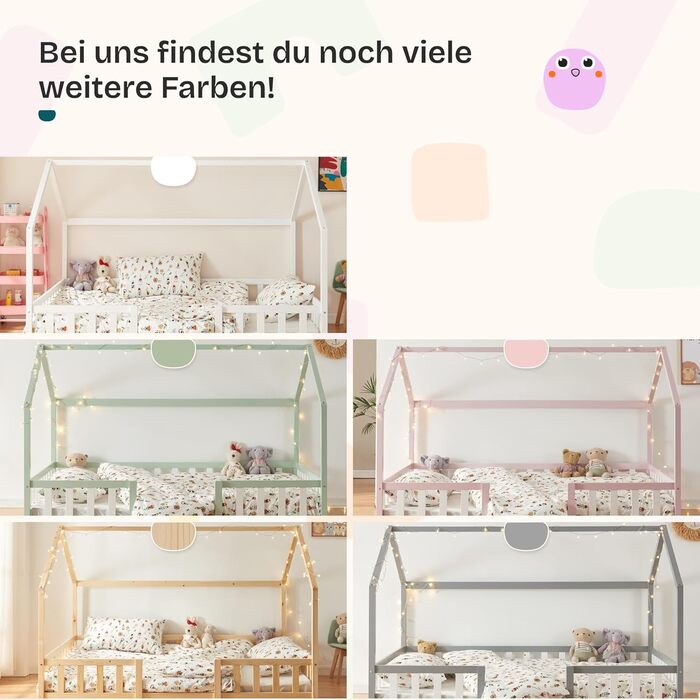 Дитяче ліжко Sisimiut Hausbett Montessori від en.casa з бар'єром безпеки. Дерев'яне ліжко для дітей, ліжко-платформа, сосна, світло-сірий/білий, 140 x 200 см (без матрацу)