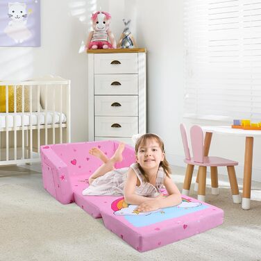 Дитяче крісло-софа 2 в 1 з кишенькою та неслизьким подушкою, розкладне, з єдинорогом для дитячої, вітальні, ігрової кімнати