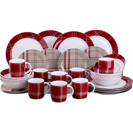 Комбінований набір посуду HIGHLAND RED, набір з 32 предметів для 8 осіб / фарфор круглої форми / традиційна шотландська кошик червоного і білого кольорів