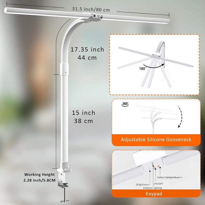 LED настільна лампа LOTTBUTY з регулюванням яскравості, 24W, 80см, для офісу та дому, з гнушим шийкою (біла)