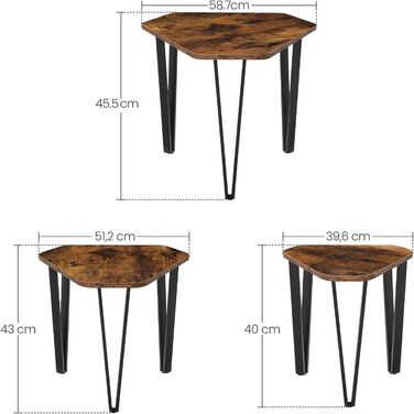 Журнальний столик VASAGLE, набір з 3 шт. , журнальний столик, гніздові столики, тумбочка, з металевими ніжками, декоративна, проста збірка, промисловий дизайн, вінтажний коричнево-чорний LNT14BX