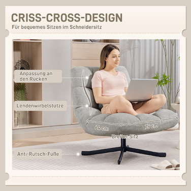 Крісло-релакс з обертовим механізмом та широким сидінням, з водонепроникною тканиною, що імітує вельвет, на перехресних сталевих ніжках, світло-сірого кольору.