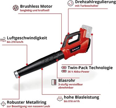 Einhell GP-LB 36/210 Li E-Solo: Акумуляторний повітродув Professional Power X-Change (без акумулятора та зарядного пристрою)