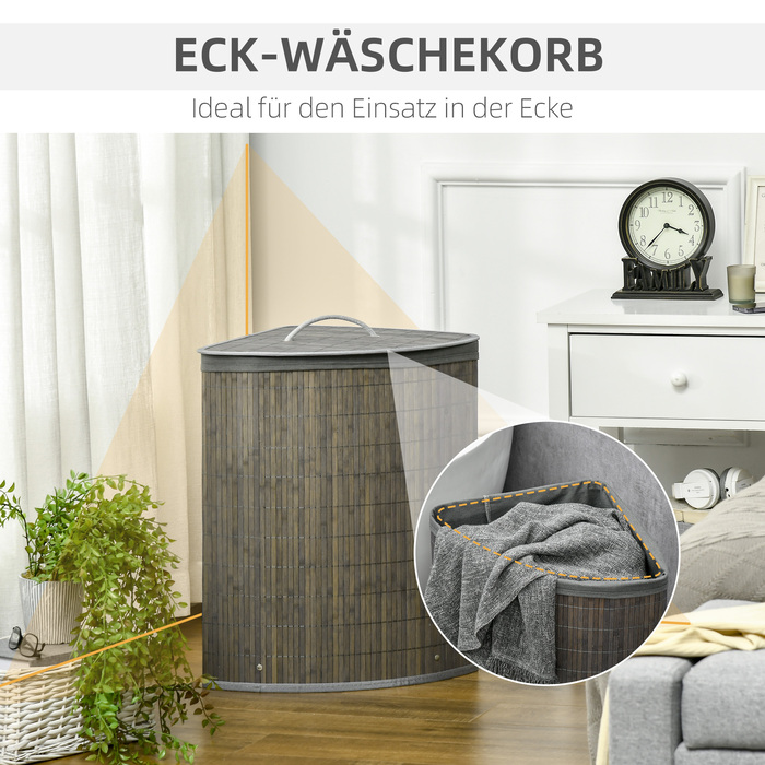 Квадратний бамбуковий кошик для білизни HOMCOM 55 л з кришкою та знімним чохлом 38 x 38 x 57 см Сірий | Аосом