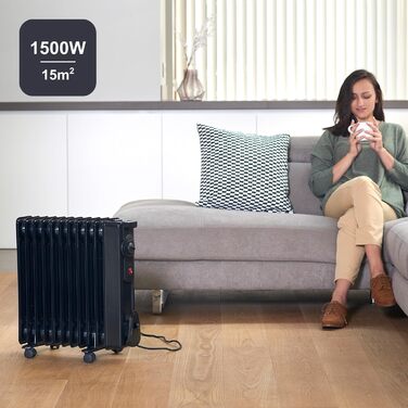 Масляний радіатор BLACK+DECKER BXRA1500E, 1500W, 2 режими нагріву, 6 рівнів, чорний