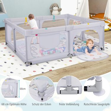 Манеж для дітей DREAMADE 189x158 см з матрацем, кільцями, 50 кульками, сумкою, захисний паркан для малюків 0-3 років, світло-сірий