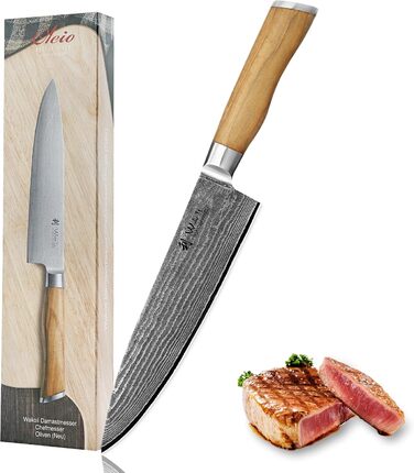 Ніж кухарський Wakoli з дамаської сталі (серцевина VG10) з 20 см лезом – гострий та збалансований – ніж з ручкою з оливкового дерева в подарунковій коробці – ніж кухонний з дамаської сталі для професіоналів та поціновувачів