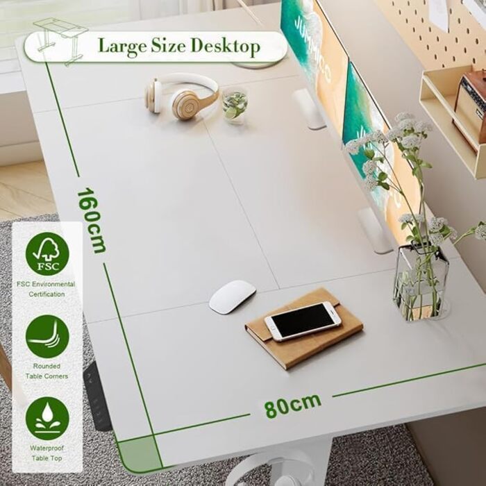 Електричний регульований стіл JUMMICO 160x80 см з підзарядною станцією, білий. Ергономічний стіл для роботи з кабельною організацією