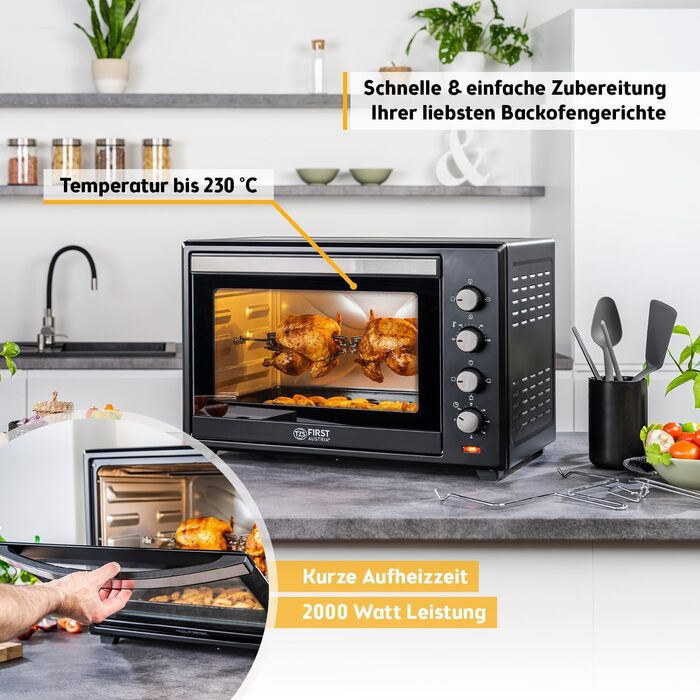Міні-піч TZS First Austria 60L 2000W з регулюванням температури до 230°C, 6 режимів, таймер на 60 хв, 4 рівні встановлення, дека, решітка-гриль та вертулка