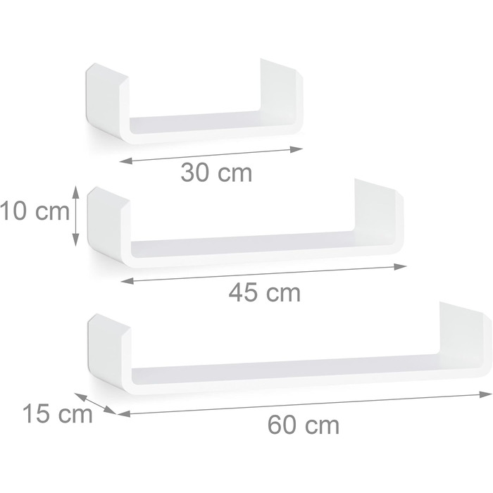 Набір полиць Relaxdays з 3 шт. , настінна підвісна полиця, дерев'яна настінна полиця, підвісна стійка для спецій, настінна полиця, U-подібна форма, МДФ, білий