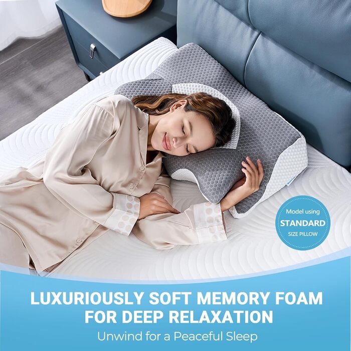 Ортопедична подушка Elviros з Memory Foam для тих, хто спить на боці, з підтримкою шиї, для зняття болю в шиї та плечах, 53.8x11/9x33 см, блакитна