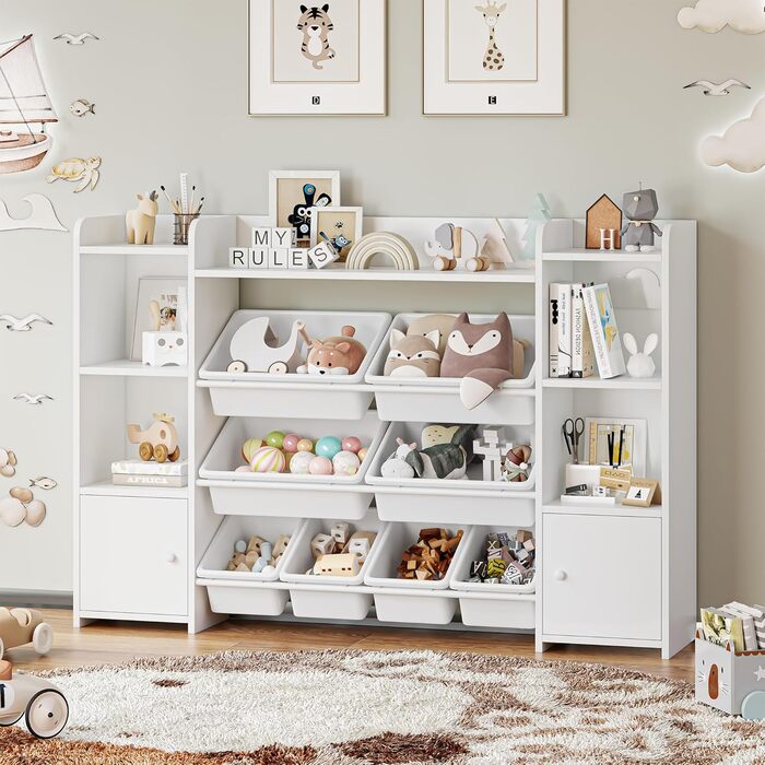 FOREHILL Дитяча полиця з 8 ящиками, дитячий шафчик, полиця для книг для дітей, органайзер для зберігання в дитячій кімнаті, меблі з іграшковою коробкою, 138,8 x 94,3 x 29,6 см, білий