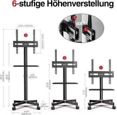 Підставка для телевізора на колесах для 32-65 дюймів, чорна, до 40 кг, VESA 400x400 мм