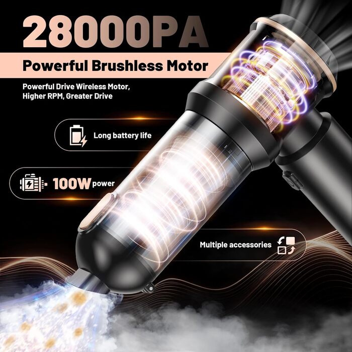 Акумуляторний ручний пилосос Handstaubsauger 28000Па, бездротовий автомобільний пилосос 4-в-1 з безщітковим двигуном та функцією самоочищення, для авто, дому та шерсті тварин, чорний