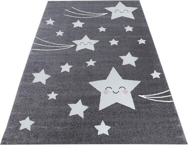 Дитячий килим з коротким ворсом Smiling Star Design Дитяча кімната Ігрова кімната 11 мм Висота ворсу М'яка прямокутна кругла доріжка сірого кольору, Розмір 120 см Кругла 120 см Кругла сіра
