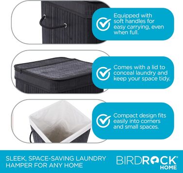 Корзина для білизни BirdRock квадратна з кришкою та підкладкою з тканини, бамбук, чорна, з мотузковими ручками