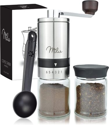 Ручна кавомолка Milu Manuelle – кавомолка для еспресо з керамічним жорном, 6 ступенів помелу, з ложкою та щіткою (срібна)